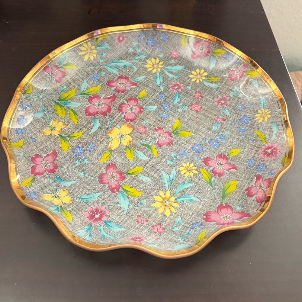 Beautiful Vintage Floral Decoupage Glass Platter with Gold Trim (11”)